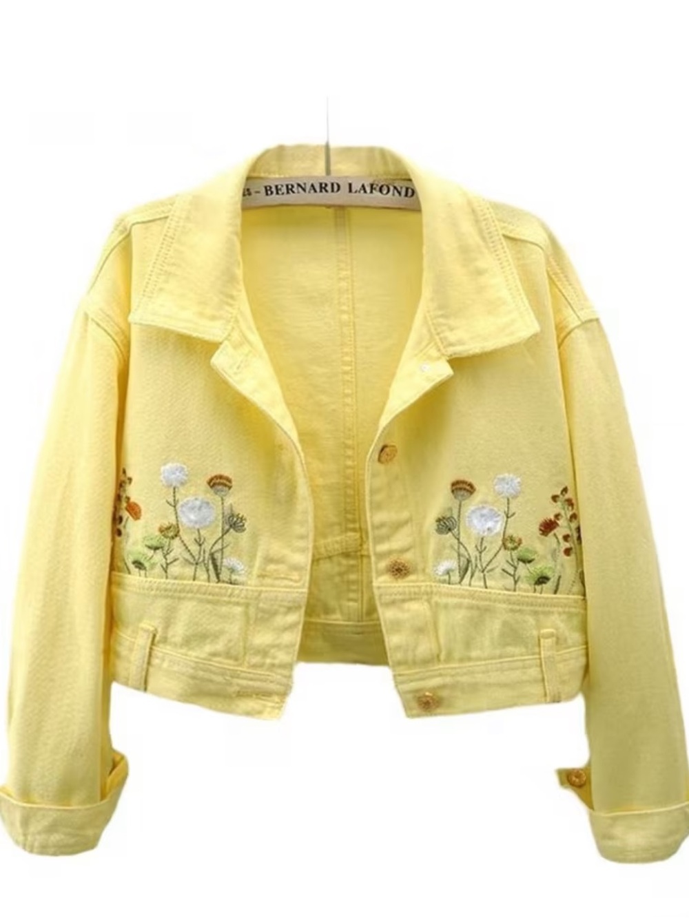Yellow Cropped Jacket with Floral Embroidery